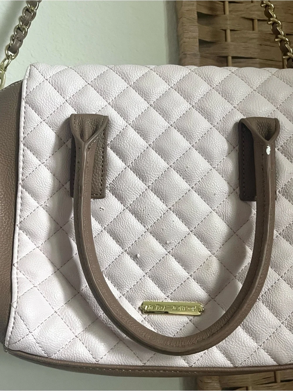 Betsey Johnson Pink Quilted Crossbody with Brown Trim & Cream Bow